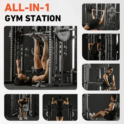 Smith Machine, All-In-One Power Rack Cage with Vertical Leg Press, 2000LBS Power Cage Squat Rack with Smith Bar, Dual Pulley Cable Crossover System for Home Gym with Weight Bench
