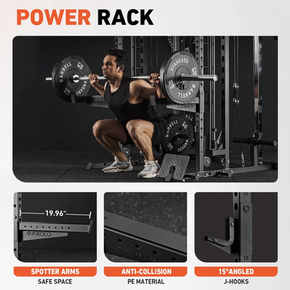 Smith Machine, All-In-One Power Rack Cage with Vertical Leg Press, 2000LBS Power Cage Squat Rack with Smith Bar, Dual Pulley Cable Crossover System for Home Gym with Weight Bench